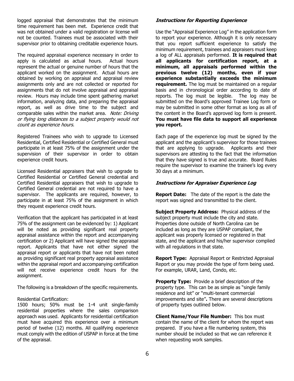 Application for Certified Residential Certification - North Carolina, Page 6