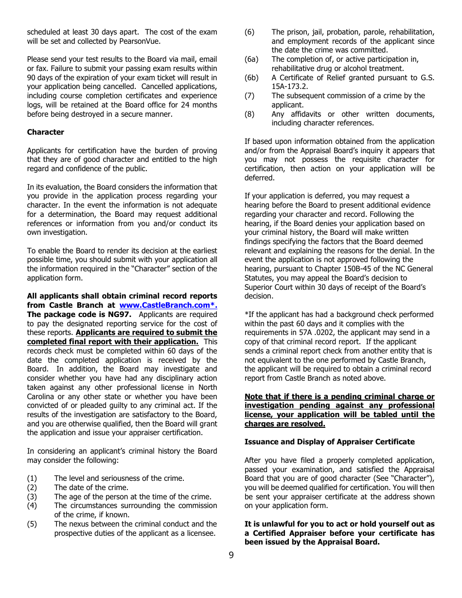 Application for Certified General Certification - North Carolina, Page 9