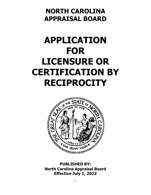 Application for Licensure or Certification by Reciprocity - North Carolina
