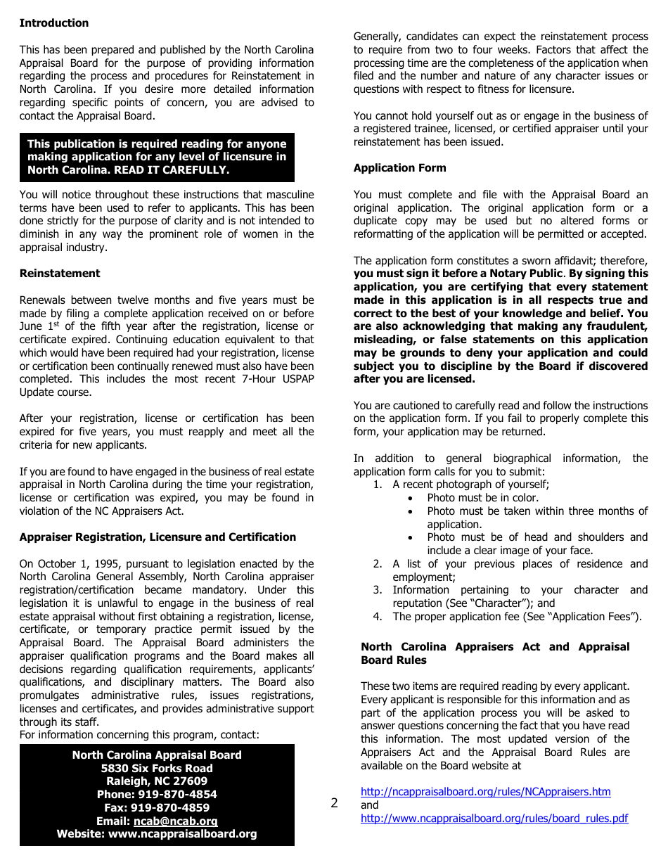 Application for Reinstatement - North Carolina, Page 2