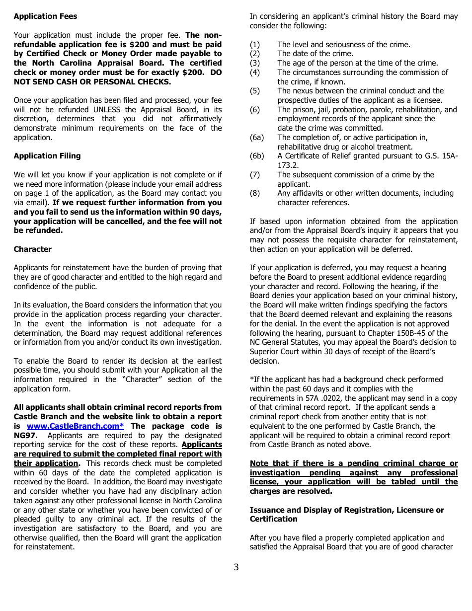 Application for Reinstatement - North Carolina, Page 3