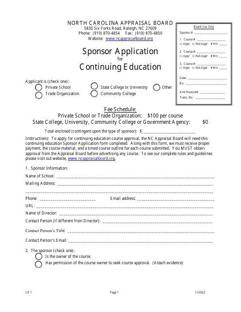 Form CE1 Sponsor Application for Continuing Education - North Carolina