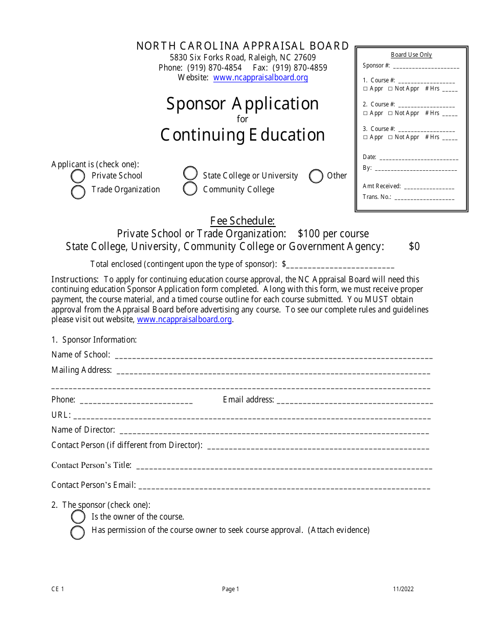 Form CE1 Sponsor Application for Continuing Education - North Carolina, Page 1