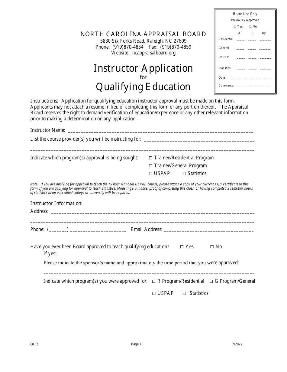 Form QE2 Instructor Application for Qualifying Education - North Carolina, Page 1
