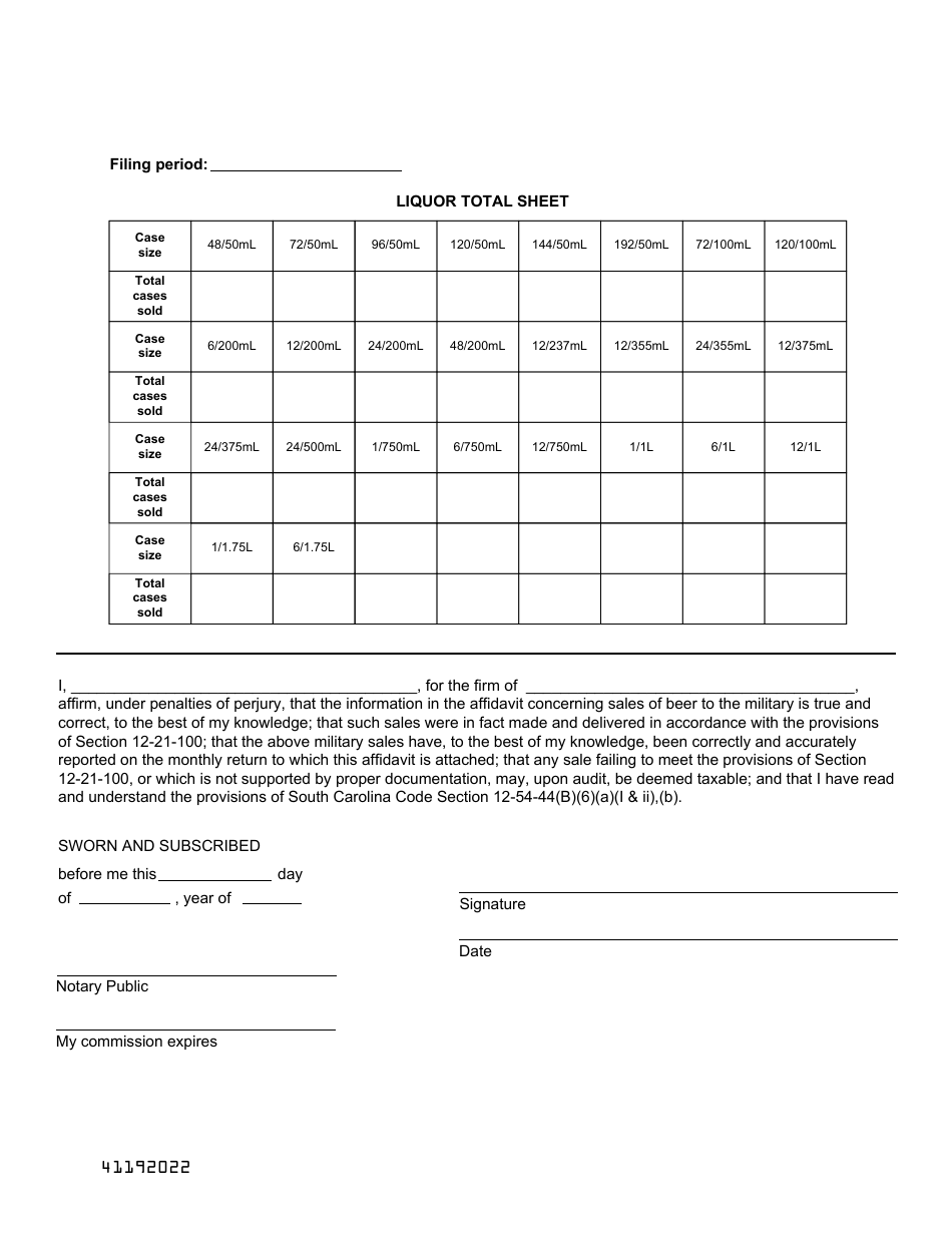 Form L-AL-104 Affidavit for Military Sales of Alcoholic Liquors - South Carolina, Page 2