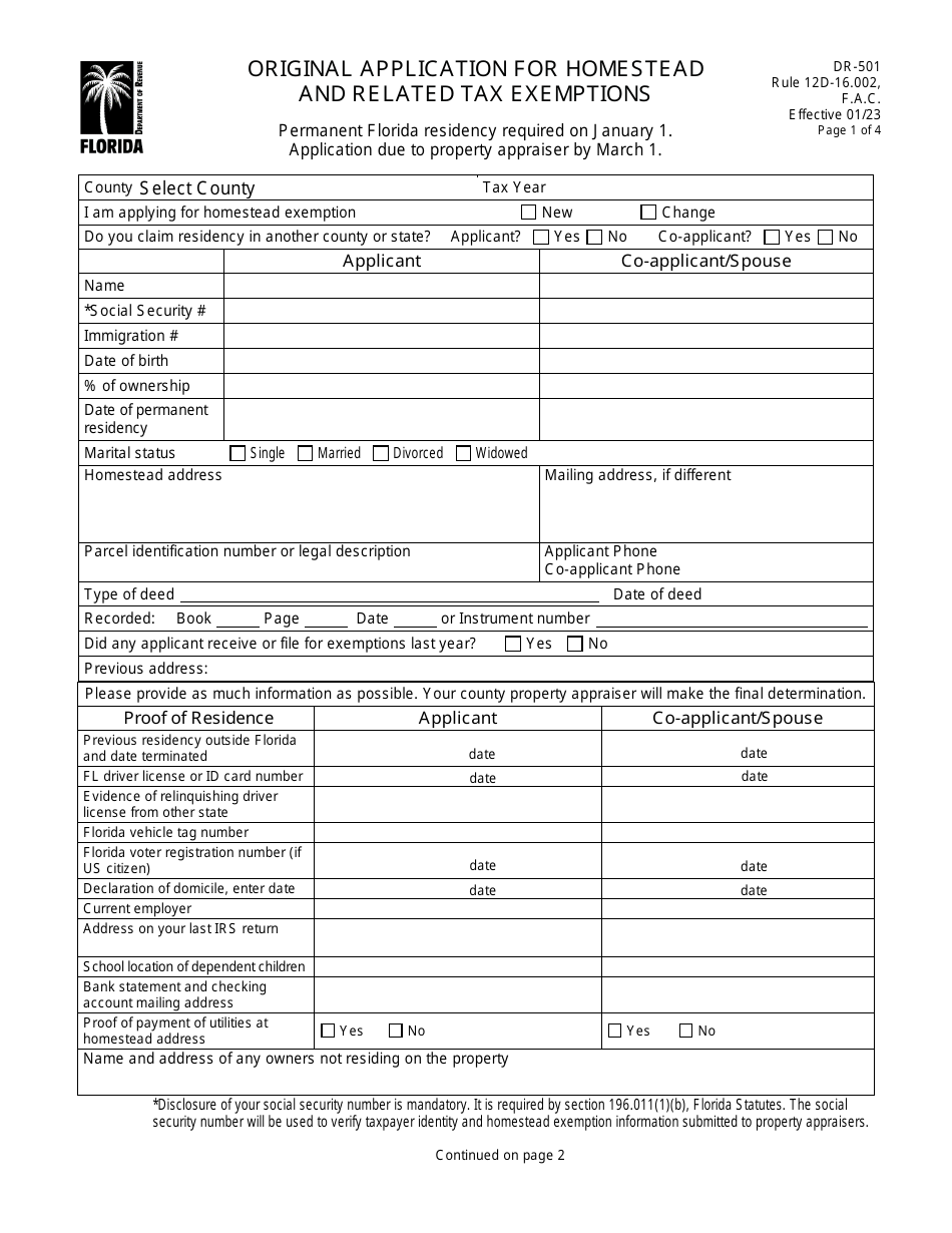 Form DR-501 Original Application for Homestead and Related Tax Exemptions - Florida, Page 1