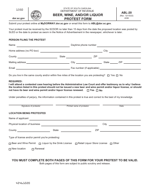 Form ABL-20 Beer, Wine, and/or Liquor Protest Form - South Carolina