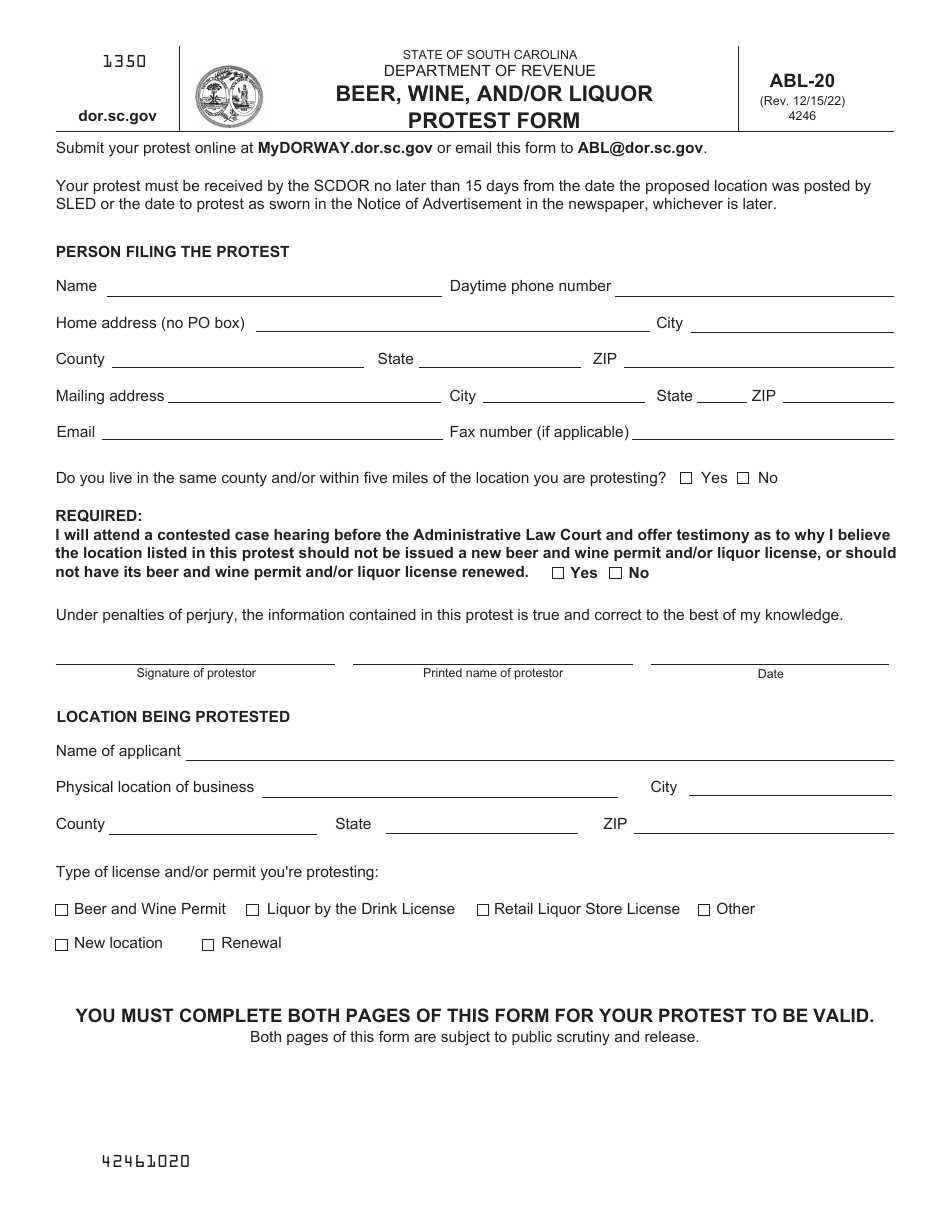 Form ABL-20 Beer, Wine, and / or Liquor Protest Form - South Carolina, Page 1
