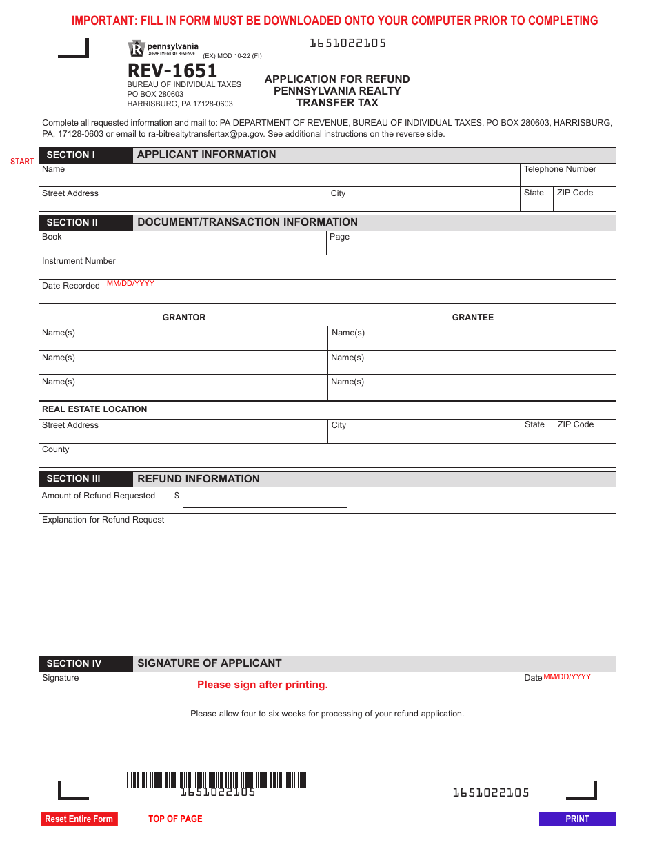 Form REV1651 Download Fillable PDF or Fill Online Application for