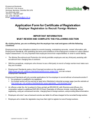Document preview: Application Form for Certificate of Registration - Employer Registration to Recruit Foreign Workers - Manitoba, Canada