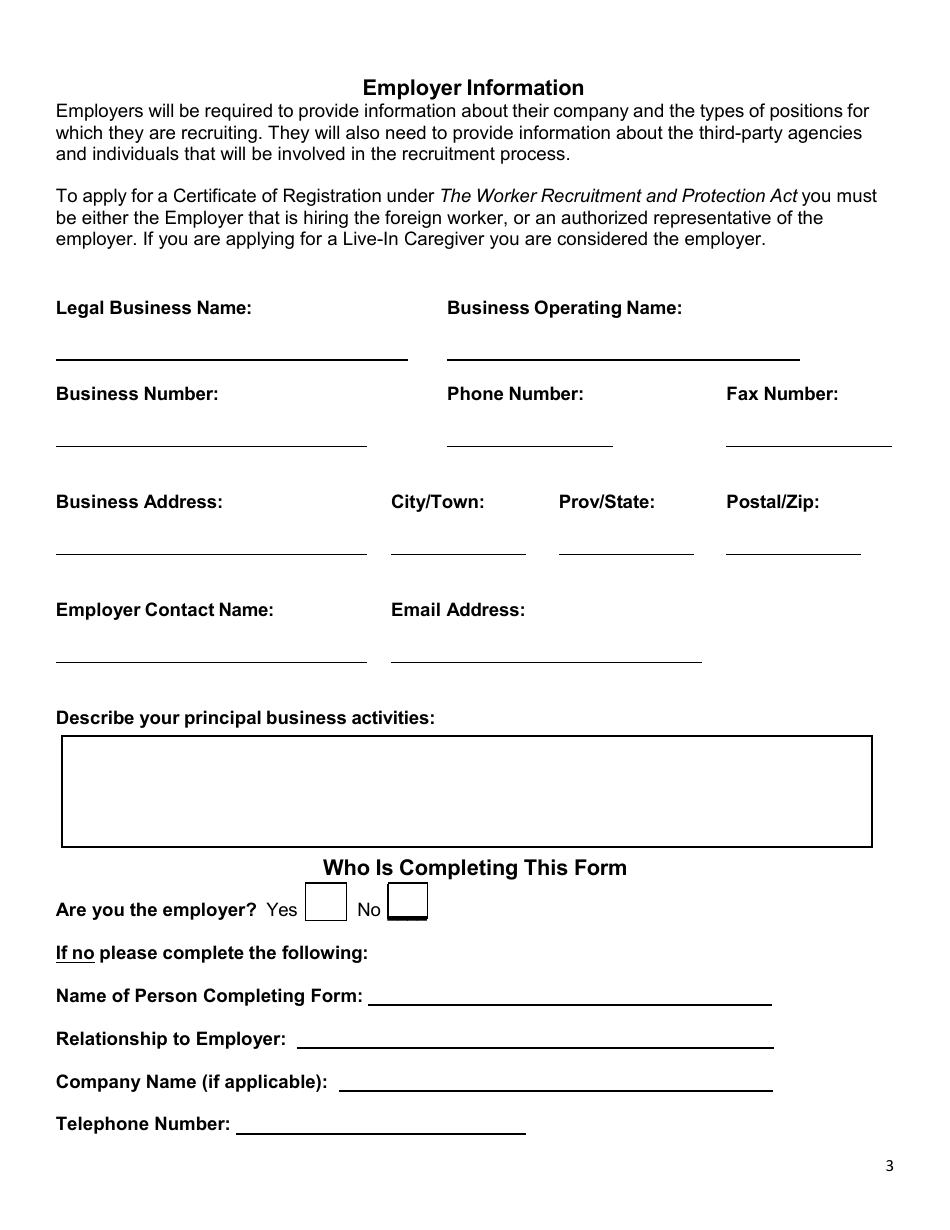 Application Form for Certificate of Registration - Employer Registration to Recruit Foreign Workers - Manitoba, Canada, Page 3