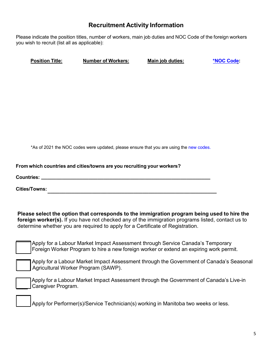 Application Form for Certificate of Registration - Employer Registration to Recruit Foreign Workers - Manitoba, Canada, Page 5