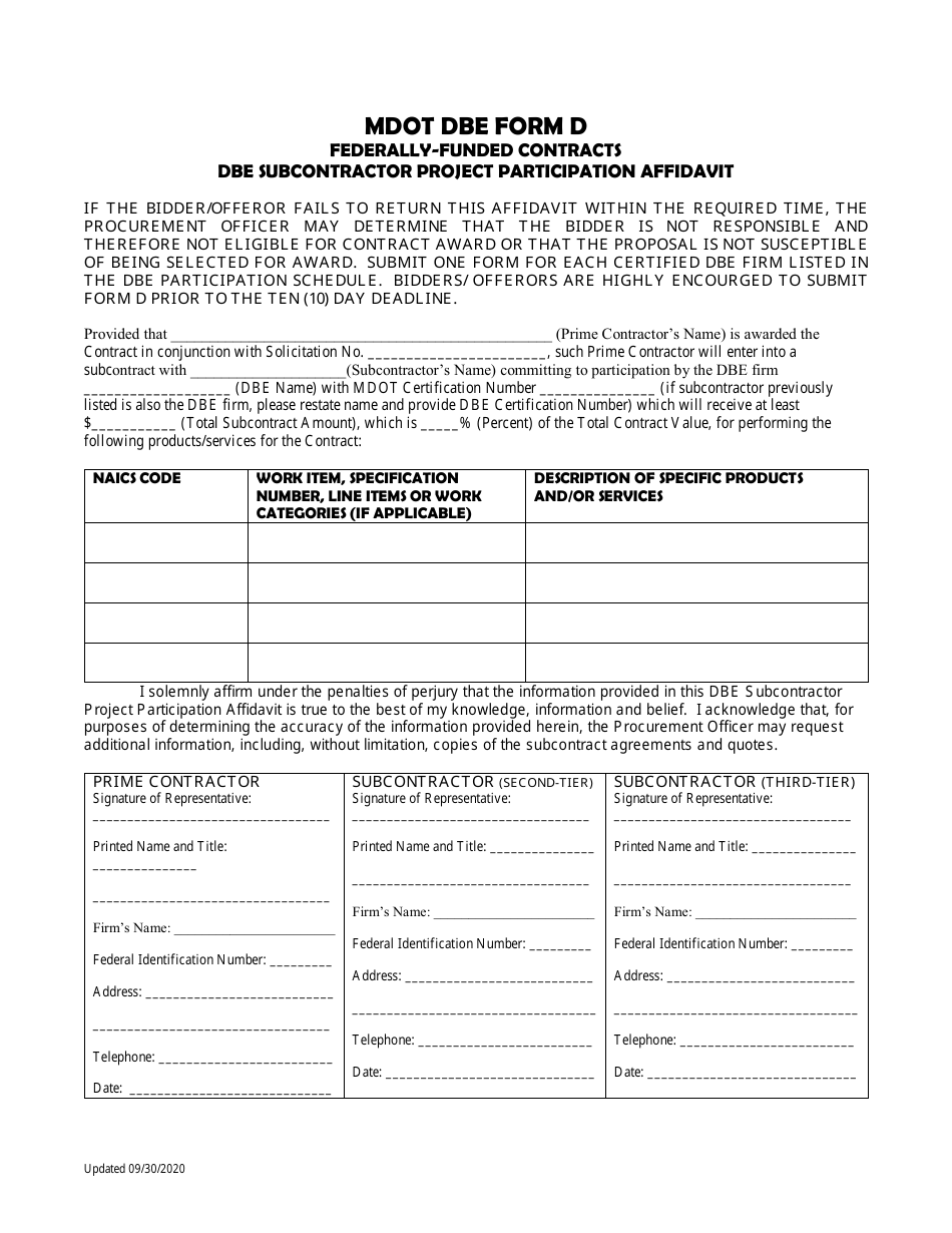 MDOT DBE Form D Fill Out Sign Online And Download Fillable PDF 