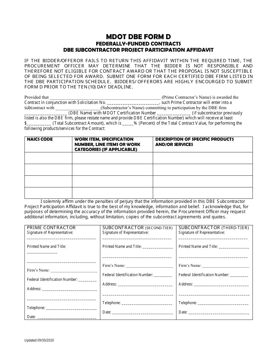 MDOT DBE Form D Federally-Funded Contracts Dbe Subcontractor Project Participation Affidavit - Maryland, Page 1