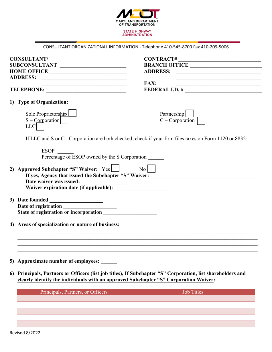 Consultant Organizational Information - Maryland, Page 1