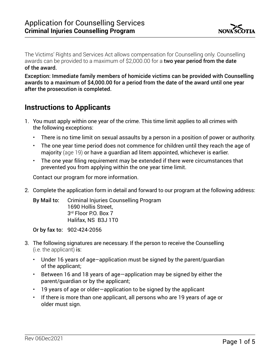 Application for Counselling Services - Criminal Injuries Counselling Program - Nova Scotia, Canada, Page 1