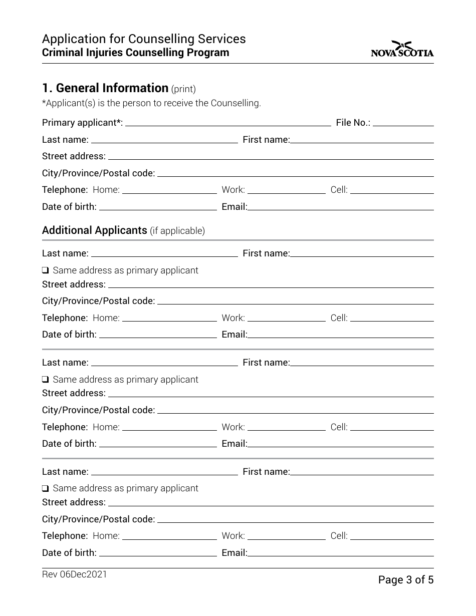 Application for Counselling Services - Criminal Injuries Counselling Program - Nova Scotia, Canada, Page 3