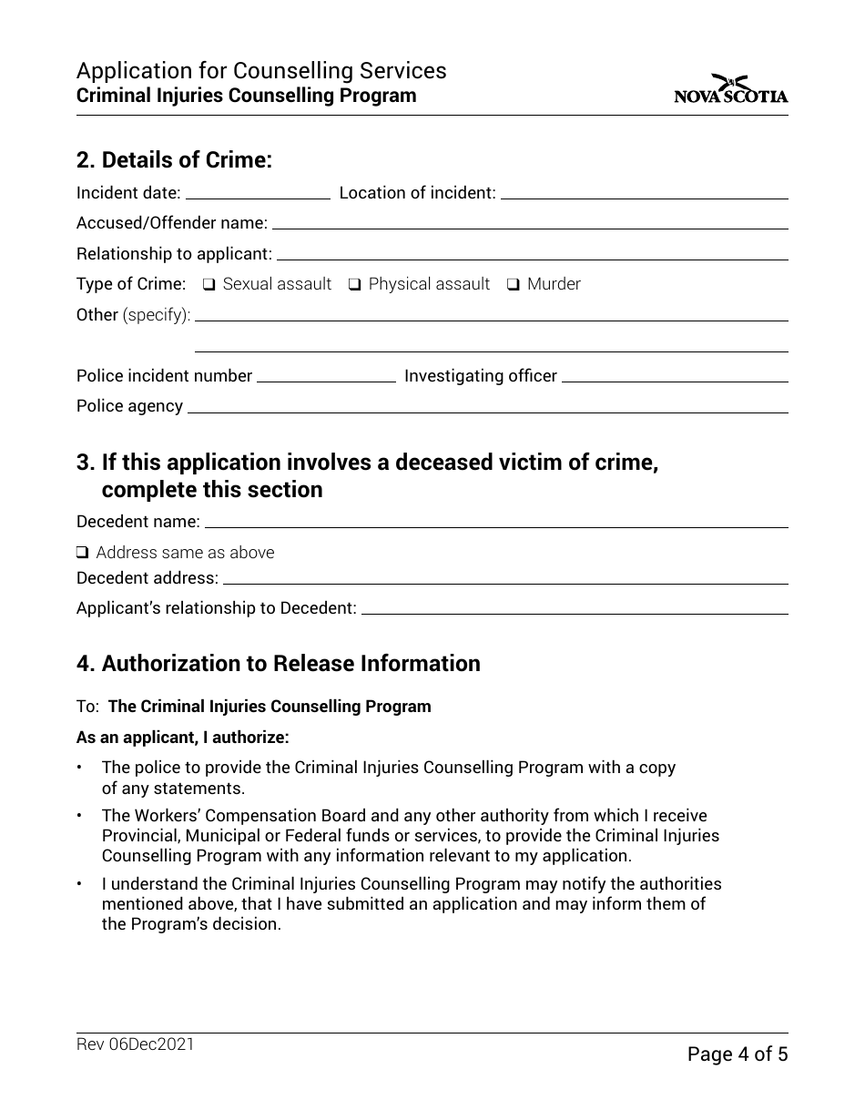 Application for Counselling Services - Criminal Injuries Counselling Program - Nova Scotia, Canada, Page 4