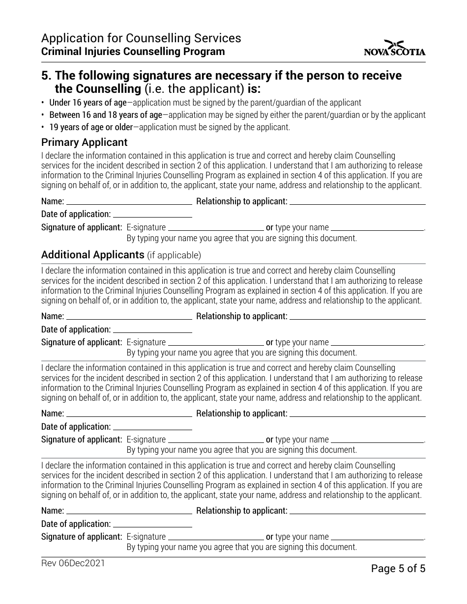 Application for Counselling Services - Criminal Injuries Counselling Program - Nova Scotia, Canada, Page 5