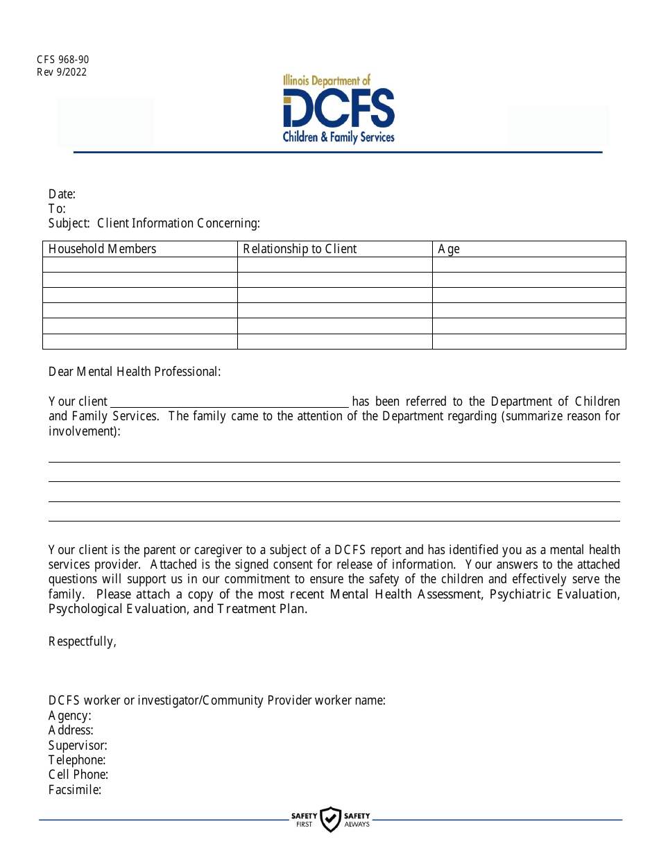 Form CFS968-90 Questions for Mental Health Professionals - Illinois, Page 1