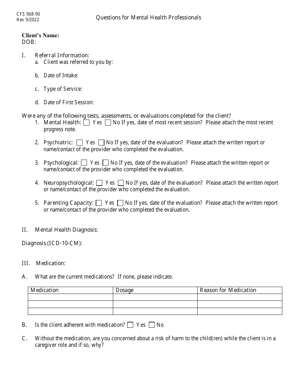 Form CFS968-90 Questions for Mental Health Professionals - Illinois, Page 2