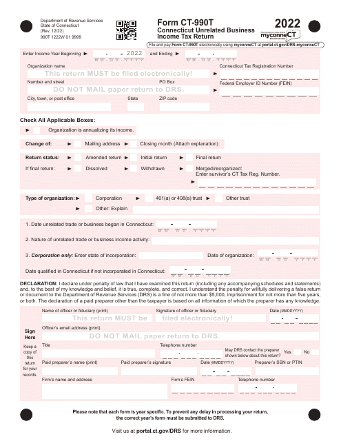 Form CT-990T Connecticut Unrelated Business Income Tax Return - Connecticut, 2022