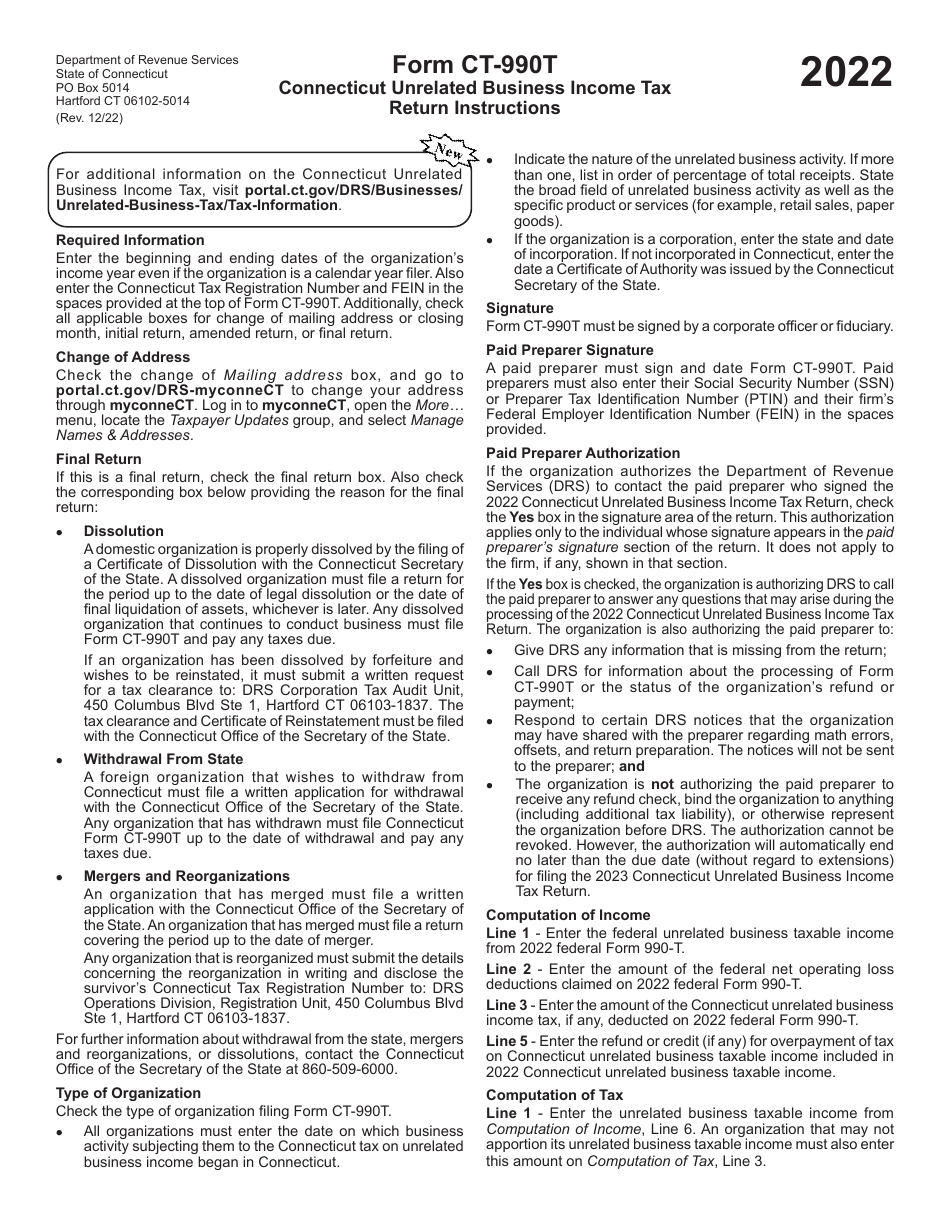 Download Instructions for Form CT990T Connecticut Unrelated Business