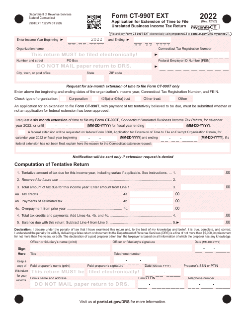 Form CT-990T EXT Application for Extension of Time to File Unrelated Business Income Tax Return - Connecticut, 2022