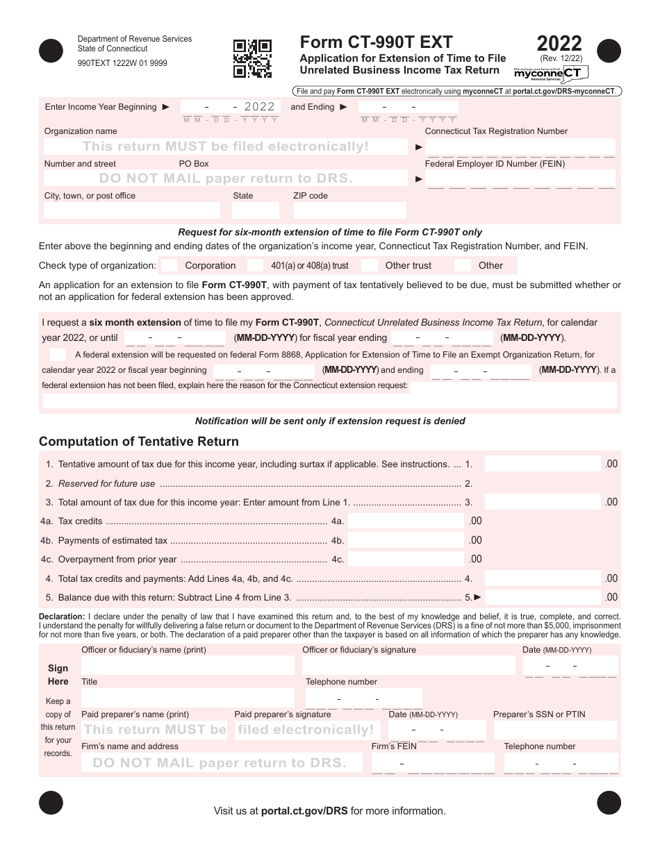 Form CT-990T EXT Application for Extension of Time to File Unrelated Business Income Tax Return - Connecticut, Page 1
