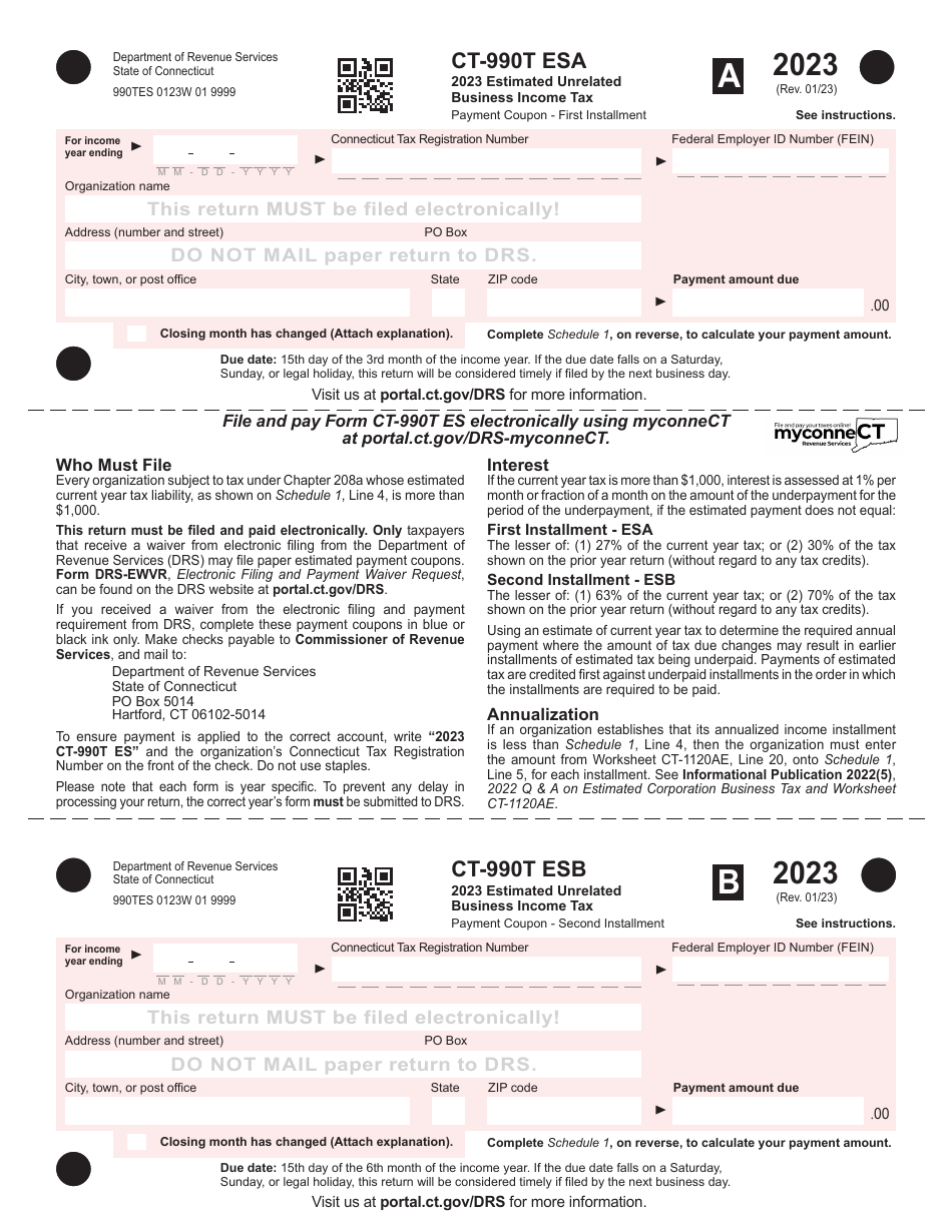 Form CT-990T ES Estimated Unrelated Business Income Tax Payment Coupon - Connecticut, Page 1