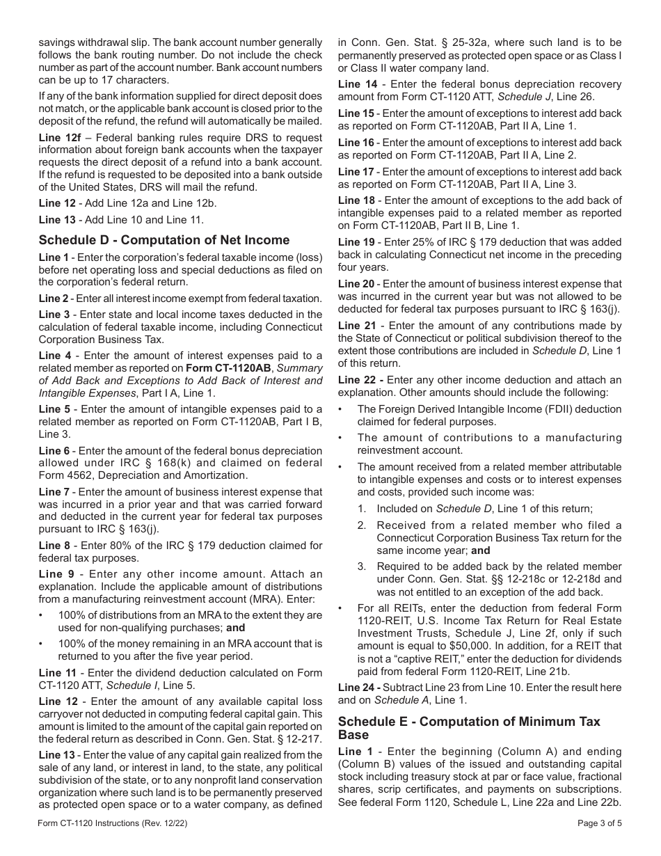 Instructions for Form CT-1120 Corporation Business Tax Return - Connecticut, Page 3