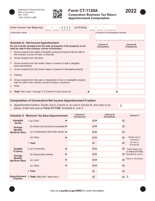 Form CT-1120A Corporation Business Tax Return Apportionment Computation - Connecticut, 2022
