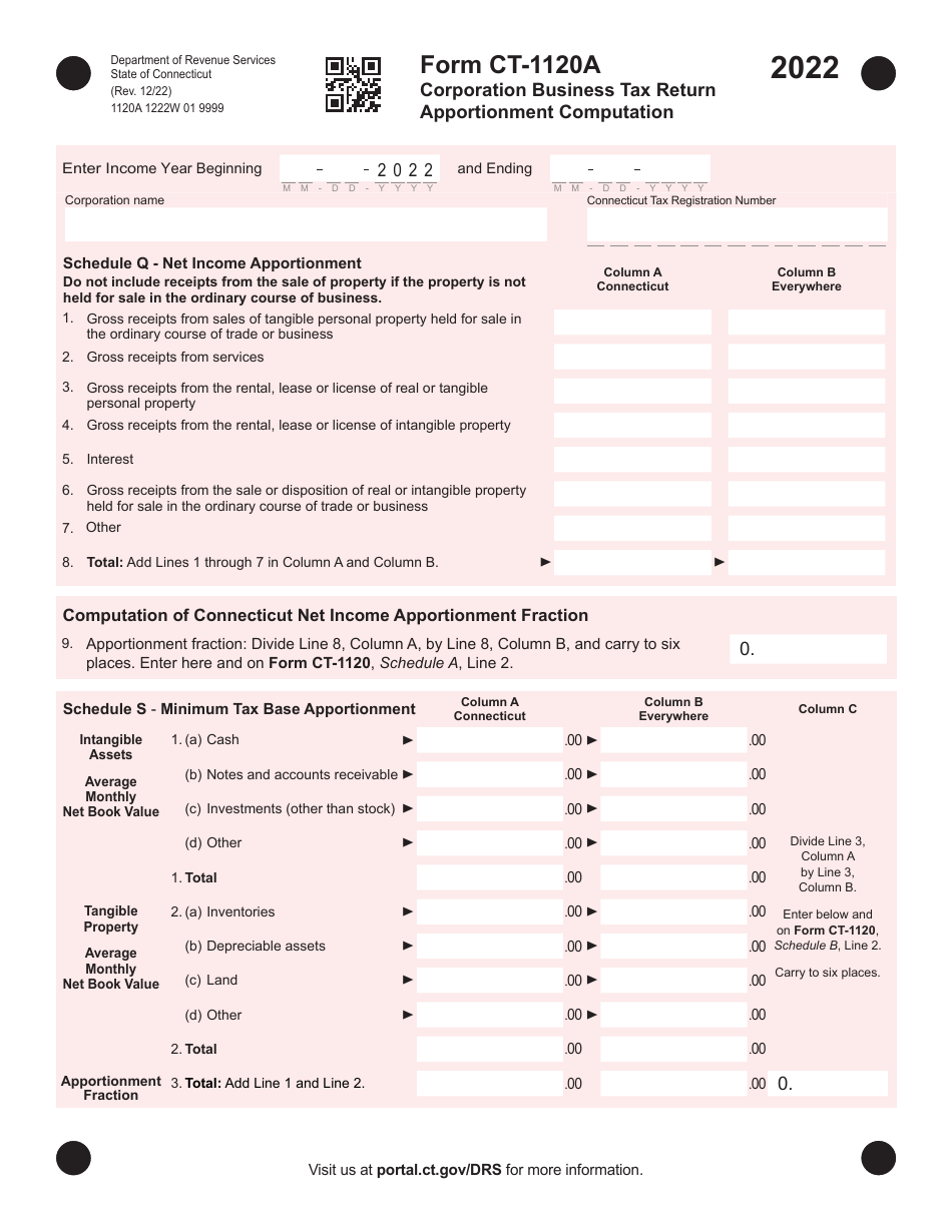 Form CT-1120A Corporation Business Tax Return Apportionment Computation - Connecticut, Page 1