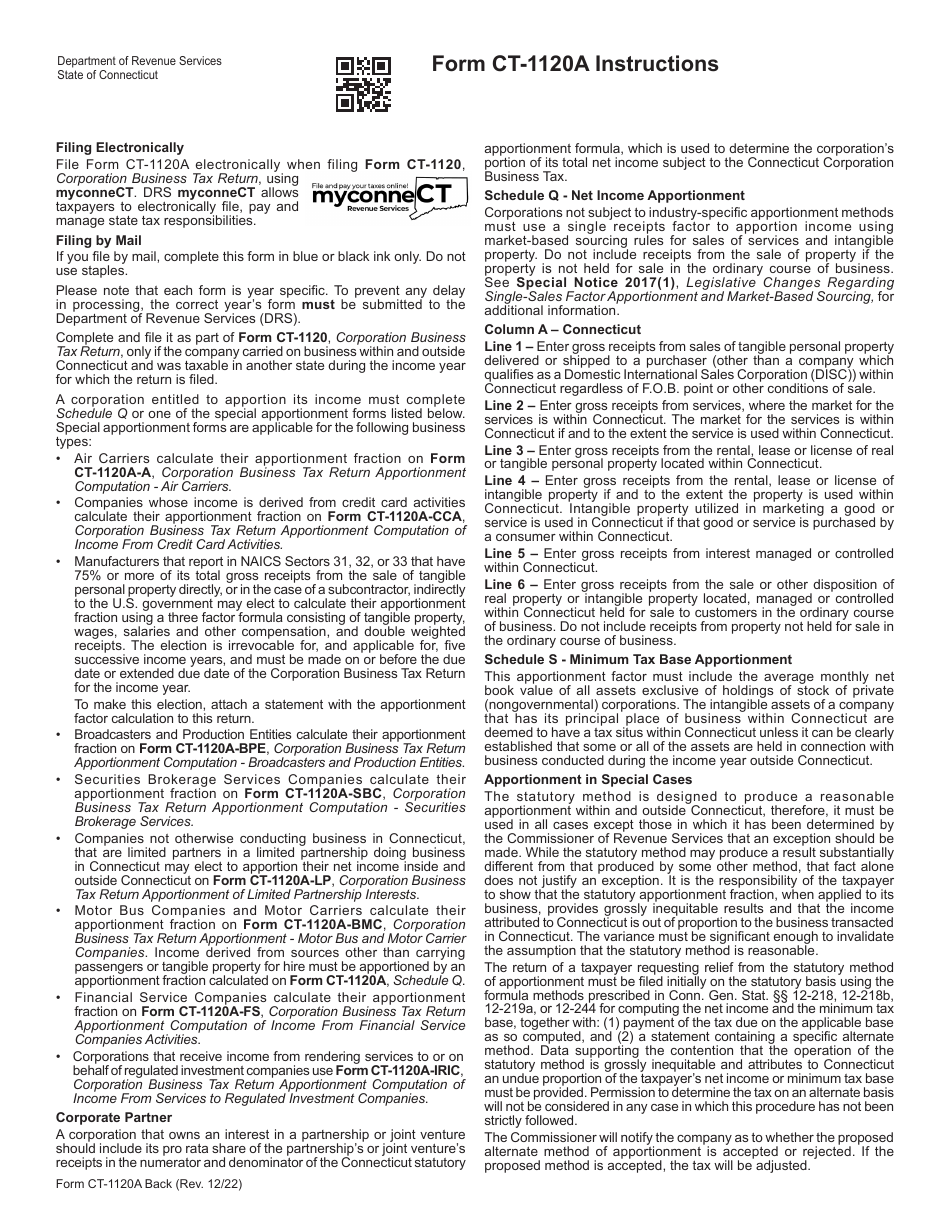 Form CT-1120A Corporation Business Tax Return Apportionment Computation - Connecticut, Page 2