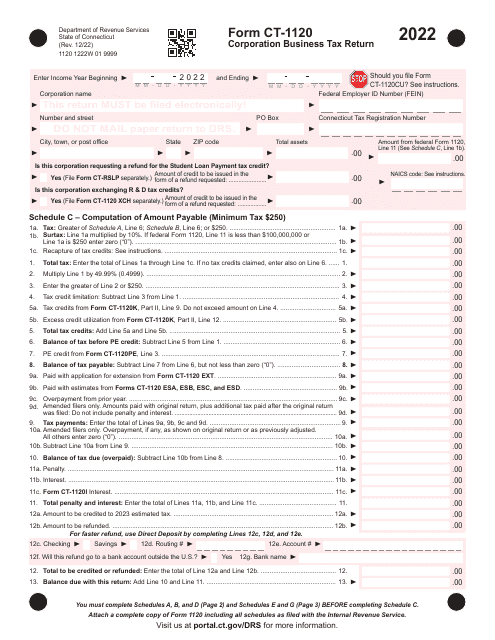 Form CT-1120 Corporation Business Tax Return - Connecticut, 2022