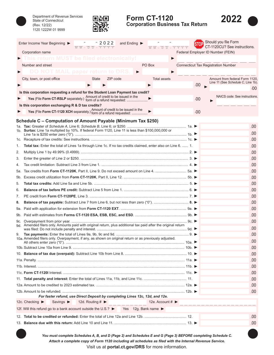 Form CT-1120 Corporation Business Tax Return - Connecticut, Page 1