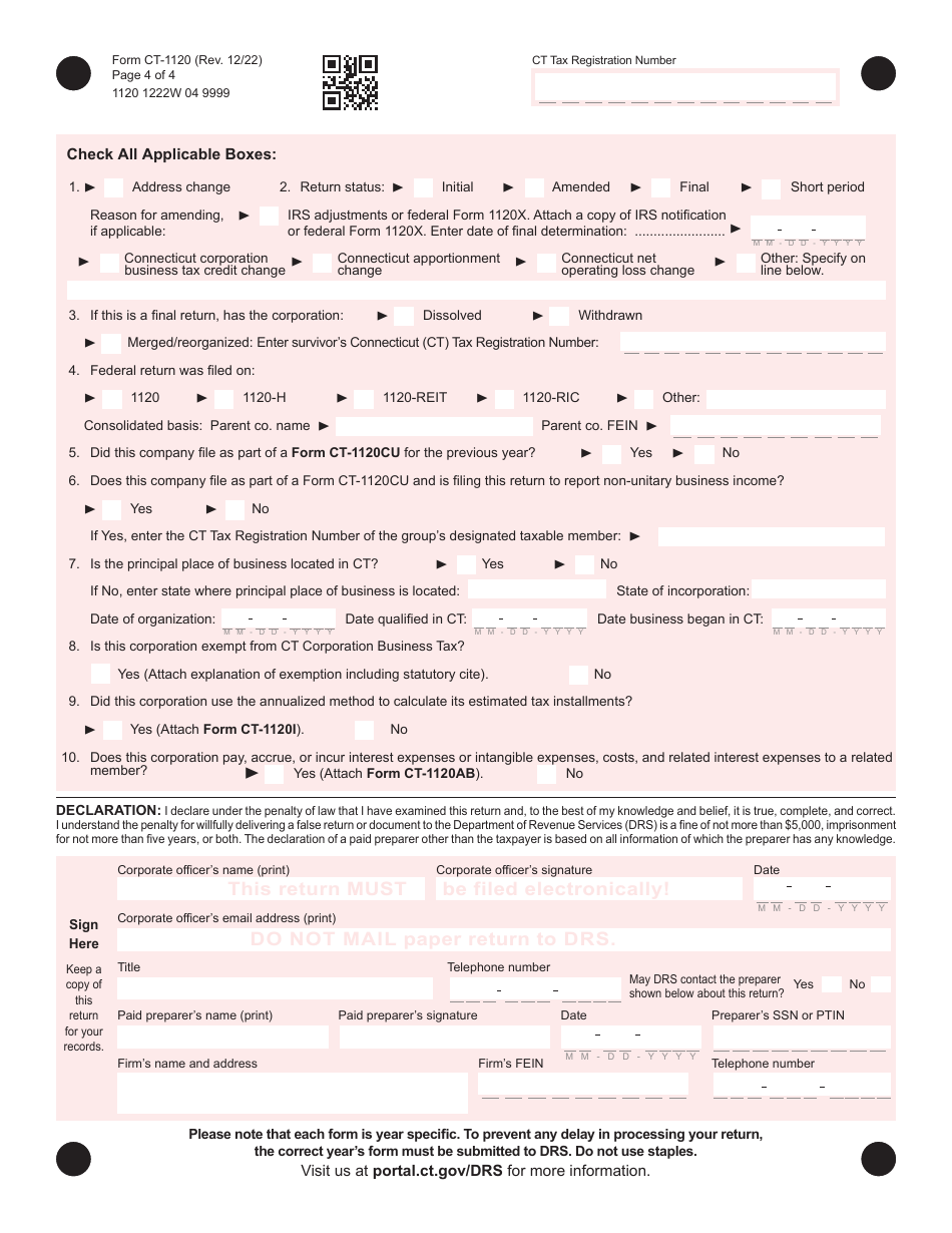 Form CT-1120 Corporation Business Tax Return - Connecticut, Page 4