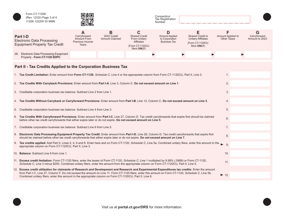 Form CT-1120K Business Tax Credit Summary - Connecticut, Page 3