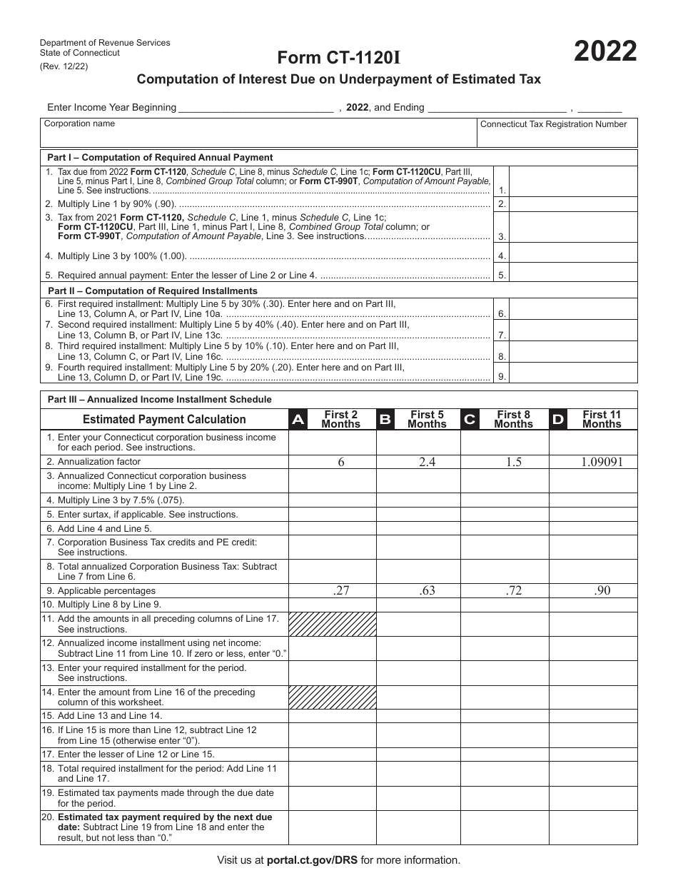 Form CT-1120I Computation of Interest Due on Underpayment of Estimated Tax - Connecticut, Page 1
