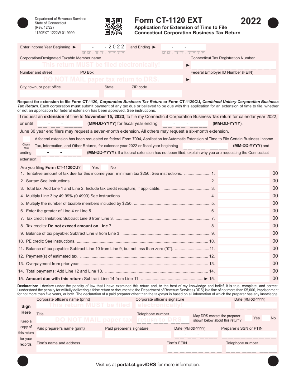 Form CT-1120 EXT Application for Extension of Time to File Connecticut Corporation Business Tax Return - Connecticut, Page 1