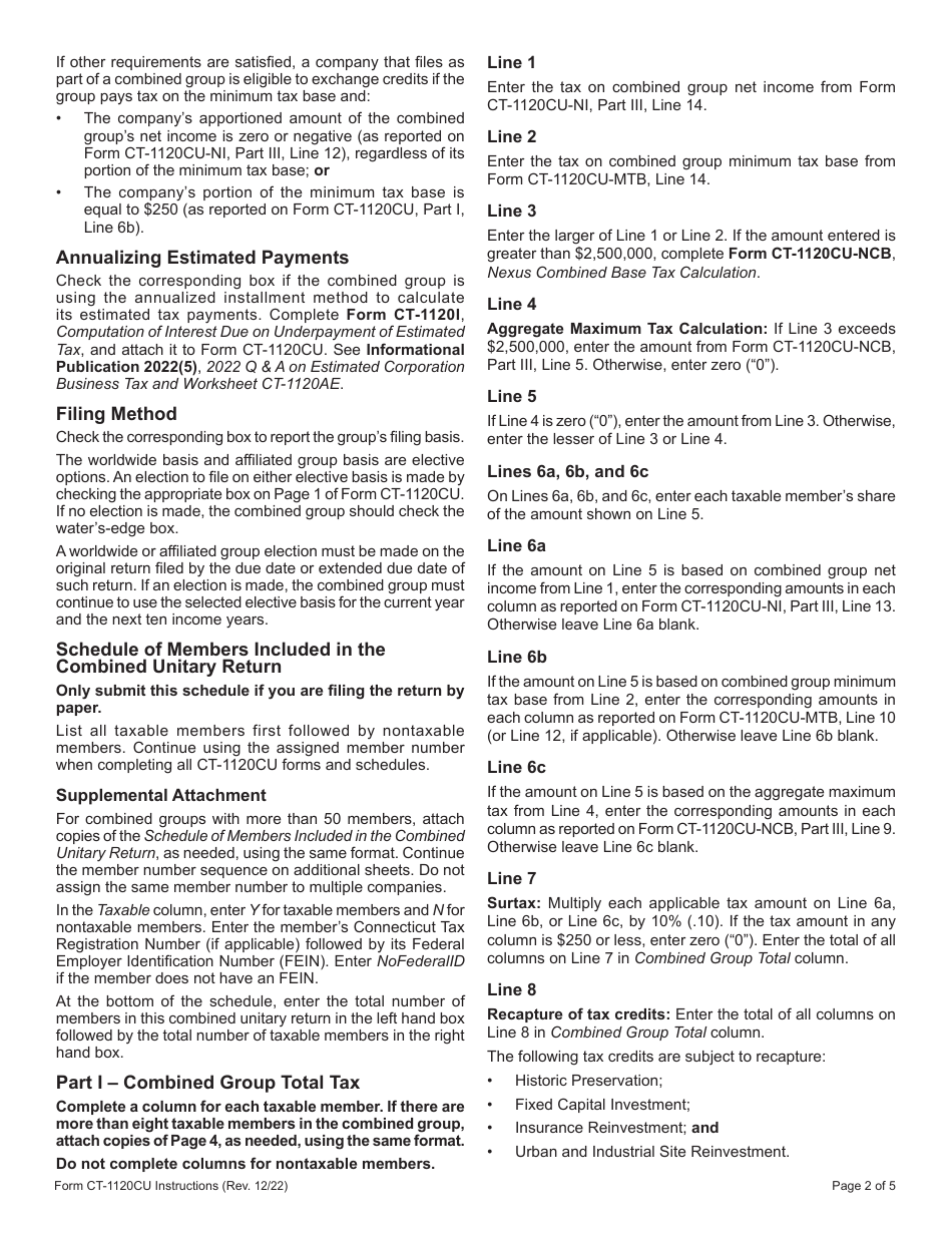 Instructions for Form CT-1120CU Combined Unitary Corporation Business Tax Return - Connecticut, Page 2
