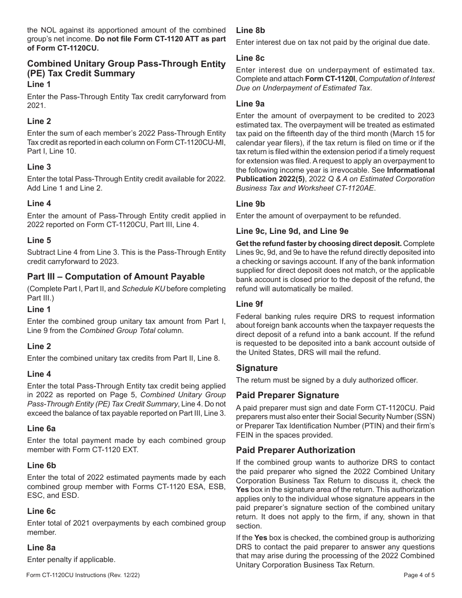 Instructions for Form CT-1120CU Combined Unitary Corporation Business Tax Return - Connecticut, Page 4