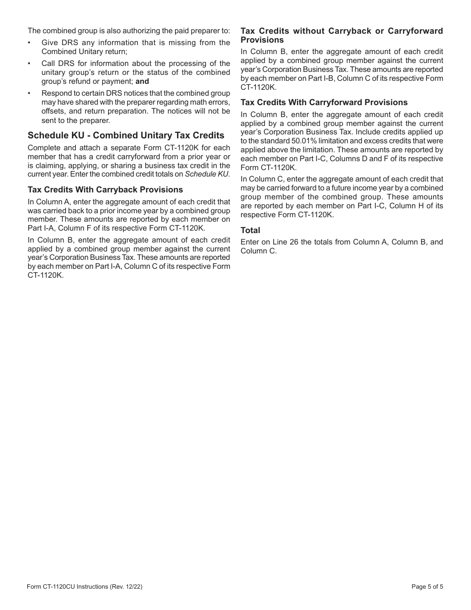 Instructions for Form CT-1120CU Combined Unitary Corporation Business Tax Return - Connecticut, Page 5