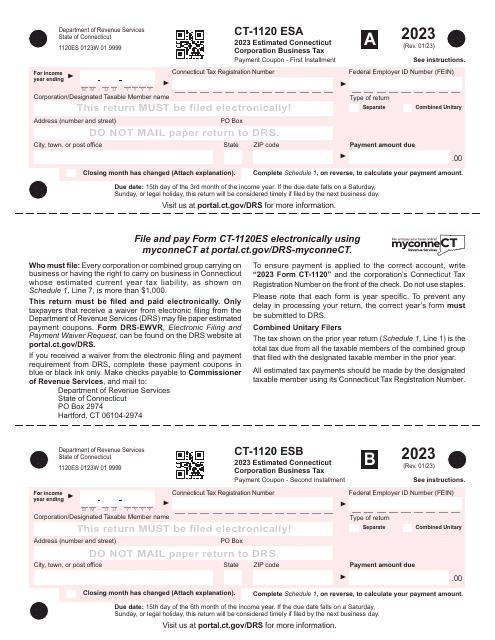 Form CT-1120 ES Estimated Corporation Business Tax Payment Coupons - Connecticut, 2023