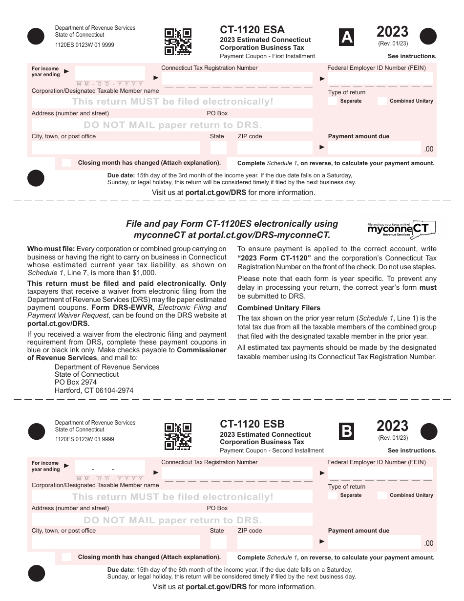 Form CT-1120 ES Estimated Corporation Business Tax Payment Coupons - Connecticut, Page 1