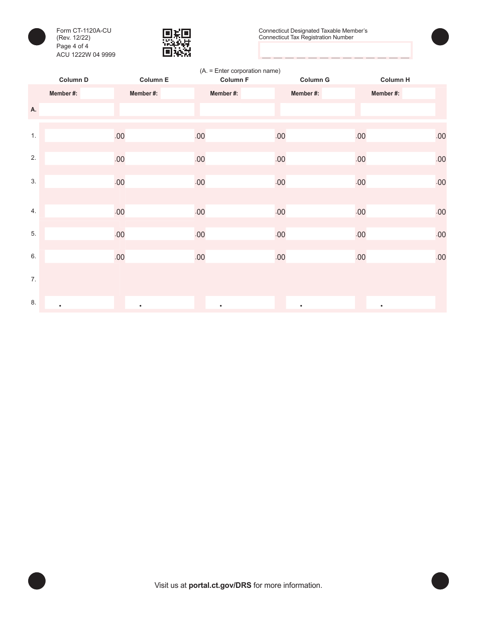 Form CT-1120A-CU Apportionment Computation for Combined Unitary Filers - Connecticut, Page 4