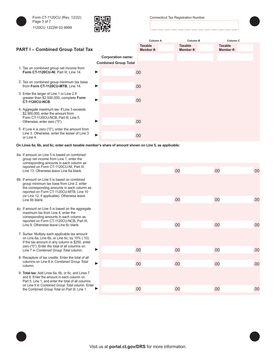 Form CT-1120CU Combined Unitary Corporation Business Tax Return - Connecticut, Page 3