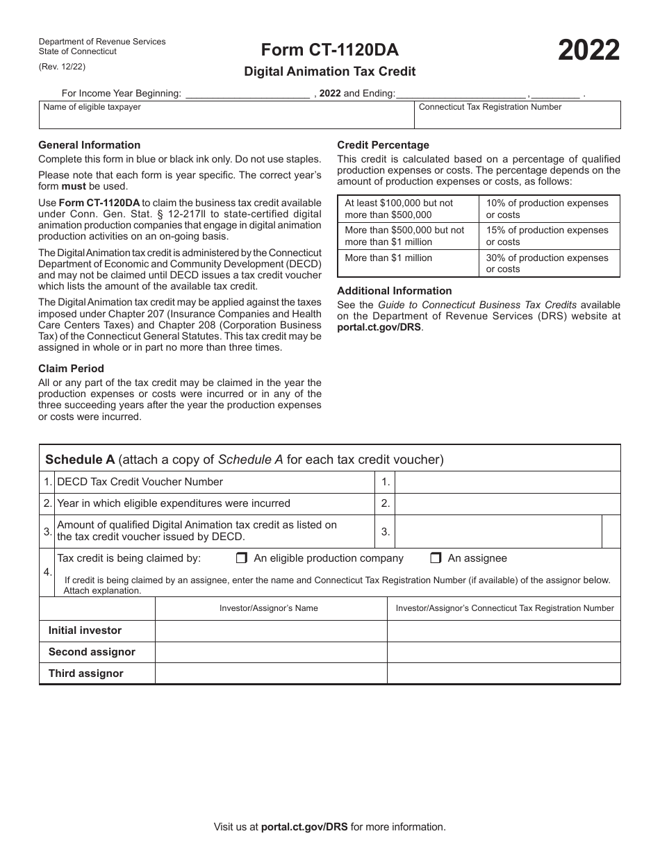 Form CT-1120DA Digital Animation Tax Credit - Connecticut, Page 1