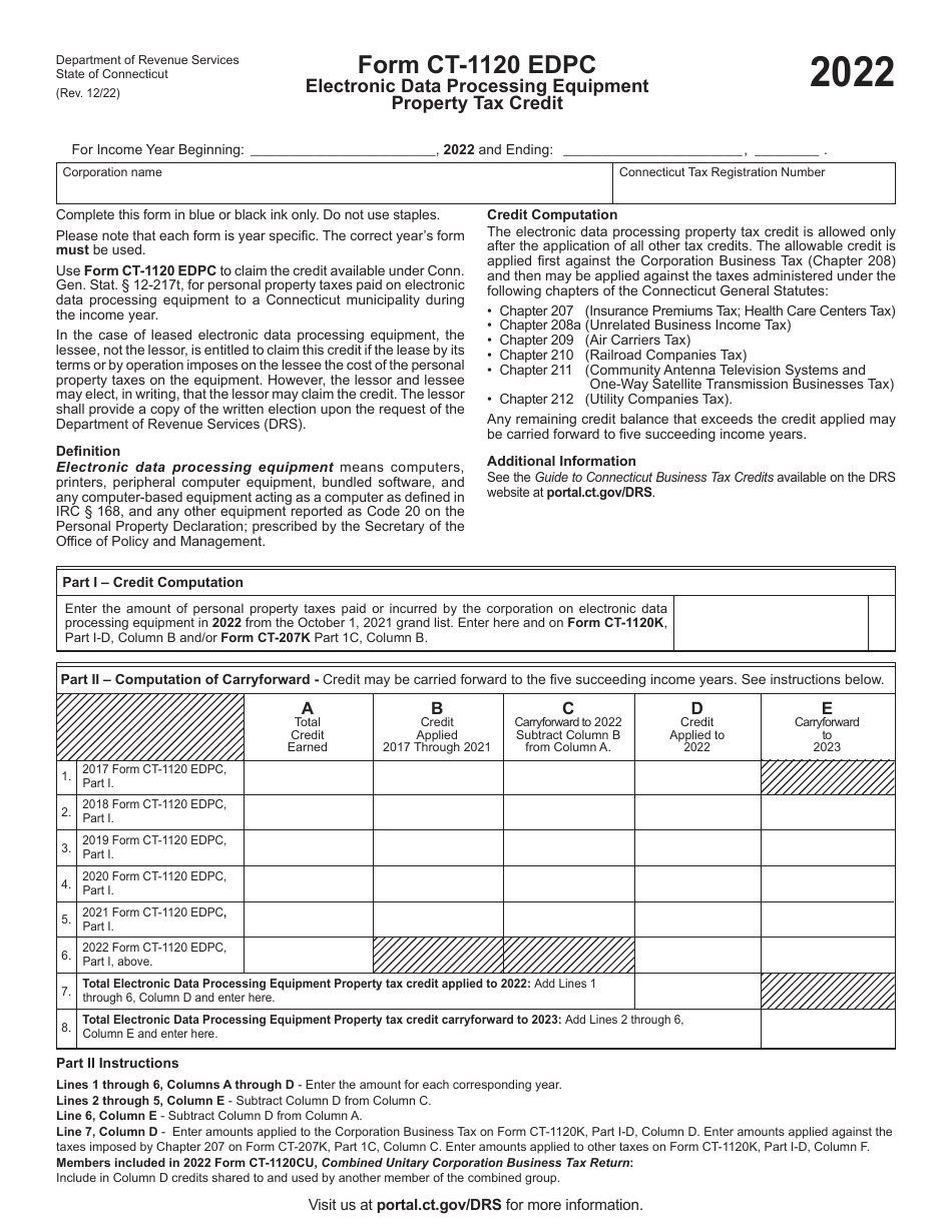 Form CT-1120 EDPC Electronic Data Processing Equipment Property Tax Credit - Connecticut, Page 1