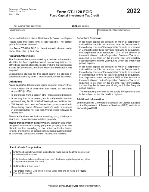 Form CT-1120 FCIC Fixed Capital Investment Tax Credit - Connecticut, 2022